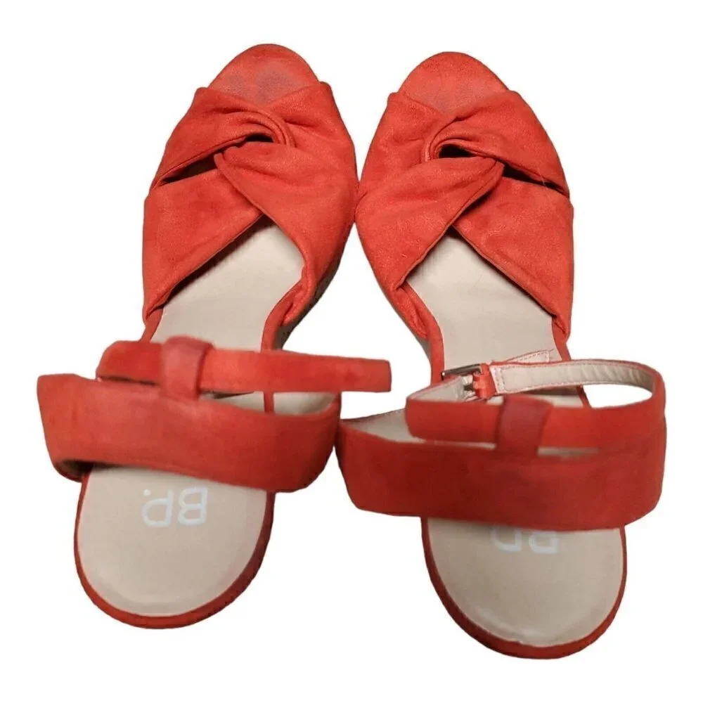 BP Women's Faux Suede Ankle Strap Orange Cork Wedge Heels Open Toe Shoes Sz 10M